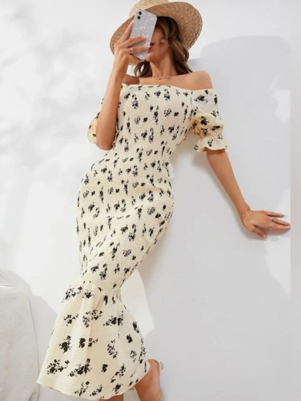 SHEIN Floral Shirred Puff Sleeve Mermaid Dress